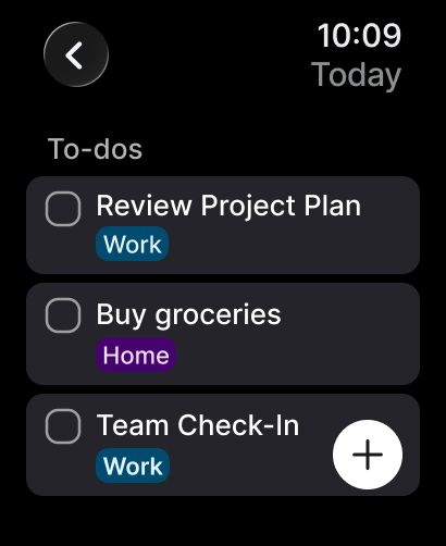 The Today list on Apple Watch with three to-dos, each showing its project.