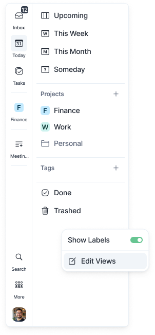 Right-click menu with Show Labels and Edit Views