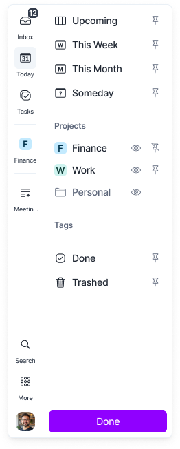 Edit Views mode with hide and pin buttons